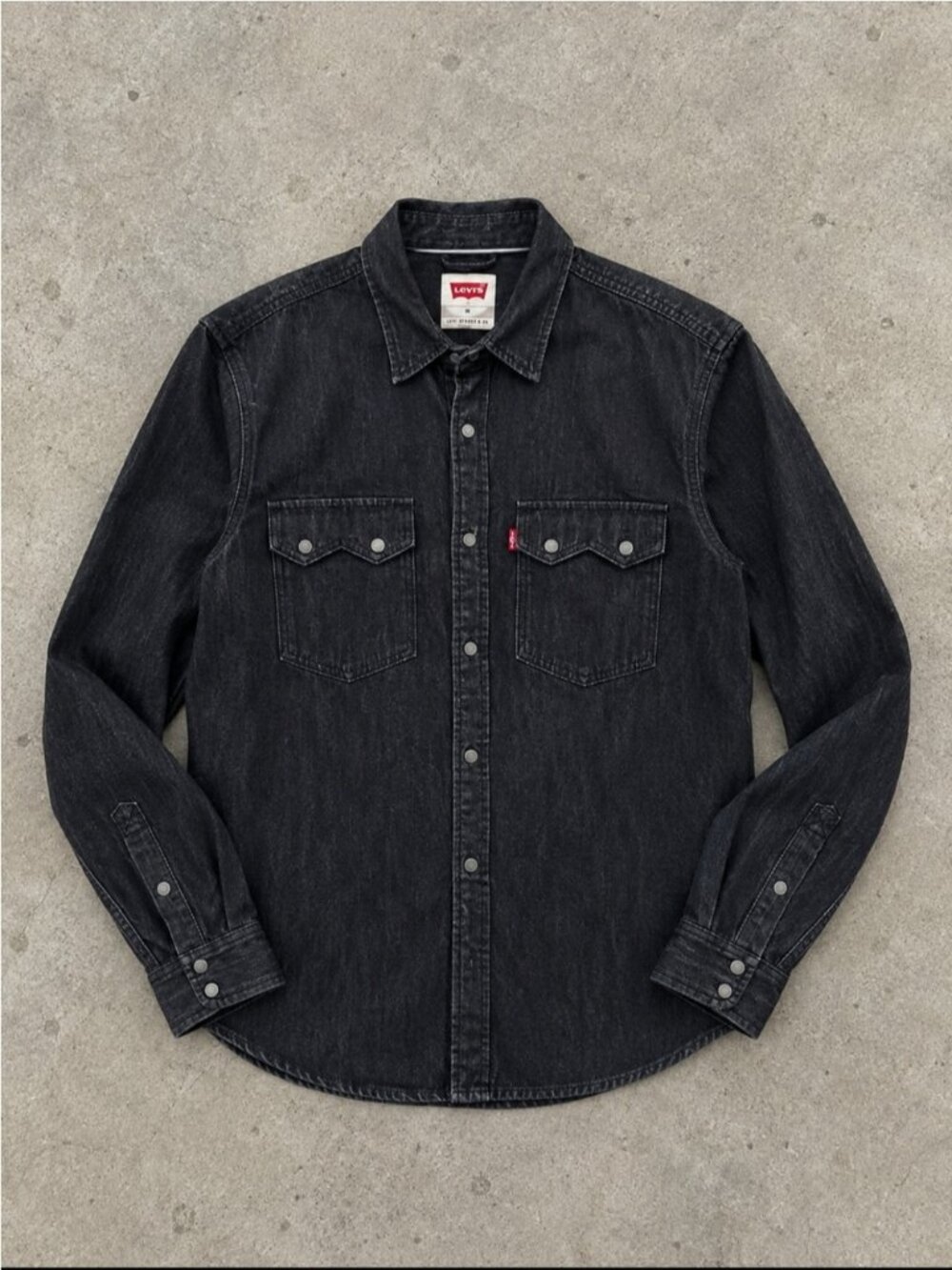 Levis Pearl Snap Shirt Mens Medium Dark Wash Denim Western Saw Tooth Long Sleeve